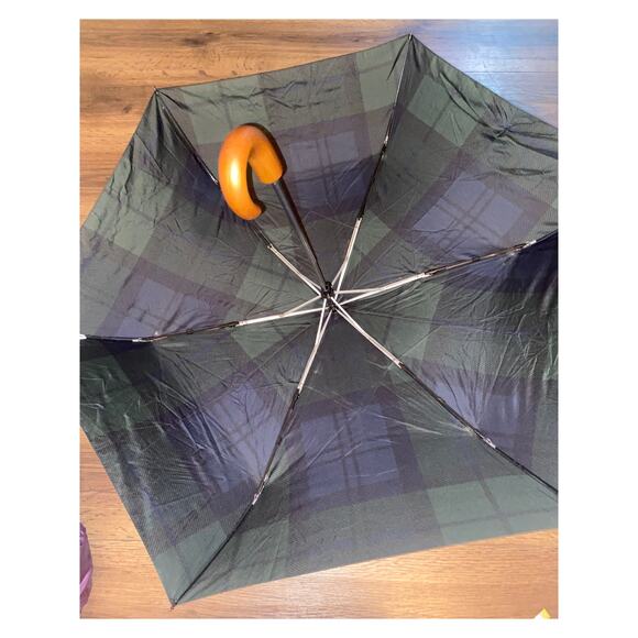 EUC Barbour Tartan Compact Umbrella | Green Blue Plaid w/ Wood curved Handle - Picture 5 of 10